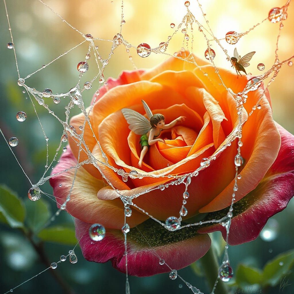 Fairies in Dew-Filled Web, Gouache Impasto Style