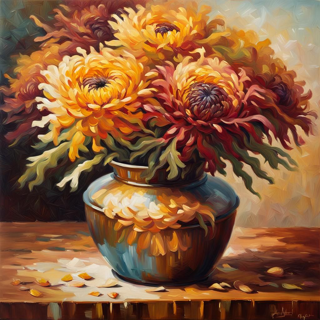 Autumn Chrysanthemum in Vase as Impressionist Oil Painting