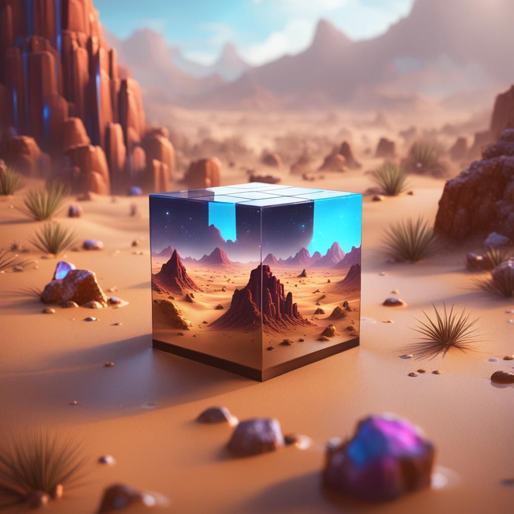 Desert Landscape Inside Crystal Cube in Detailed Matte Paint...