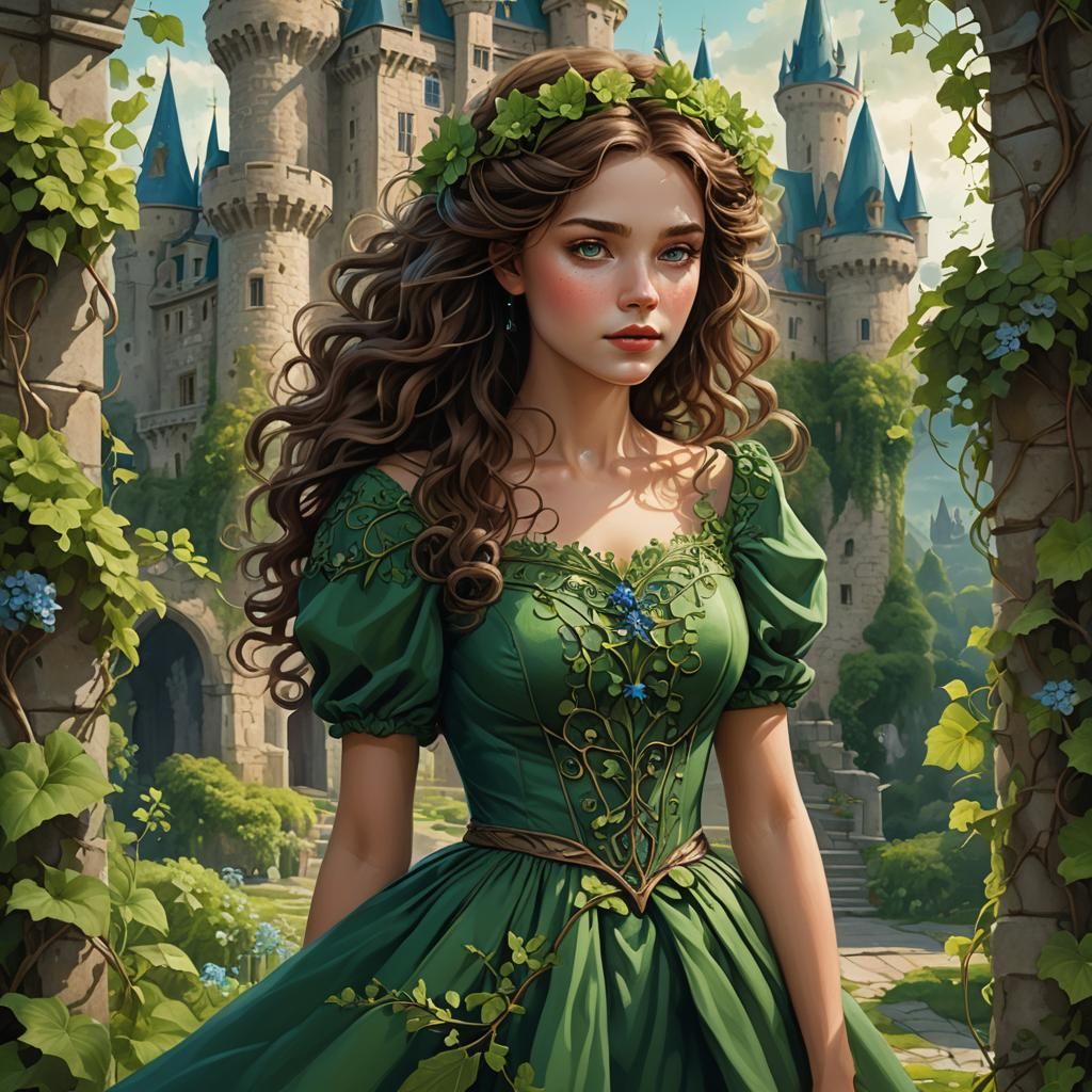 Fairytale Woman with Green Flower, Graphic Illustration