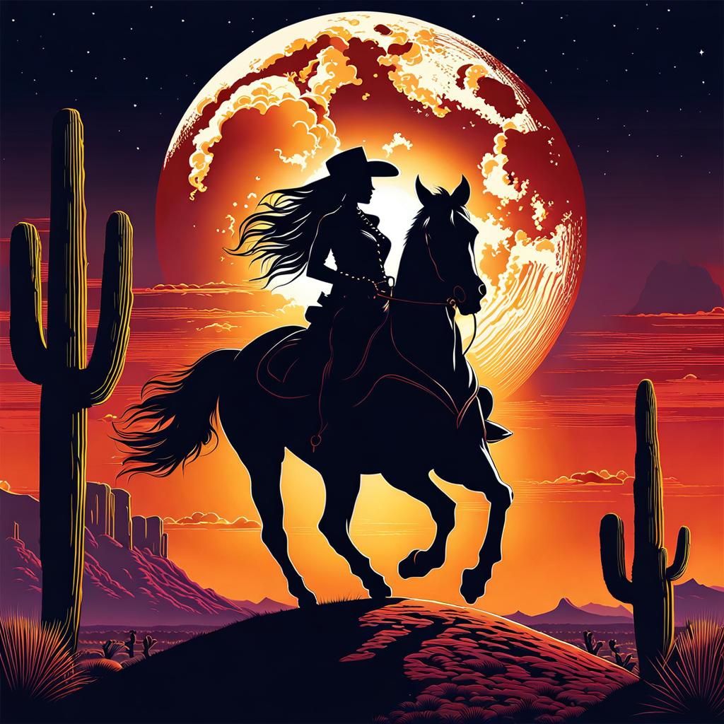 a cowgirl riding on the back of a horse in front of a full moon, silhouette, vector art, painting by dan mumford, photor...