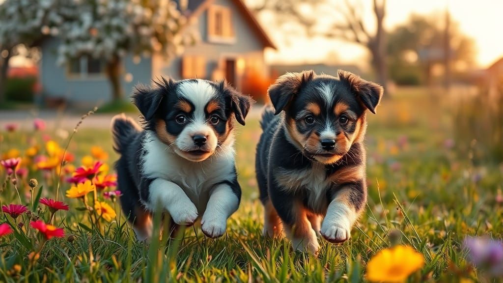 Puppies Play in Flower Field at Sunset