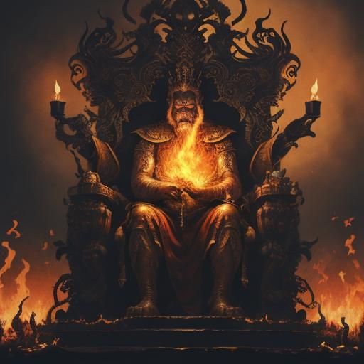 Surreal Old King with Elephant in Burning Throne Room