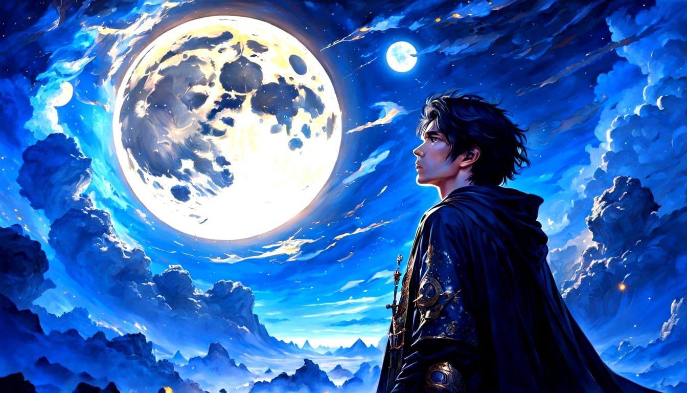 Mage Gazing at Moonlit Sky as Digital Art