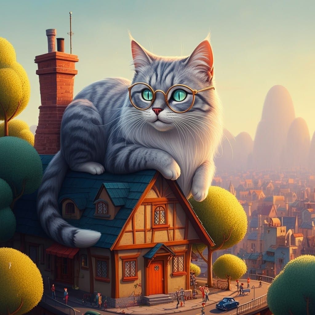 Giant Cartoon Cat Observes Miniature City