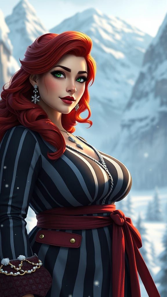 Winter Fantasy Woman with Red Hair and Snowflake Earrings
