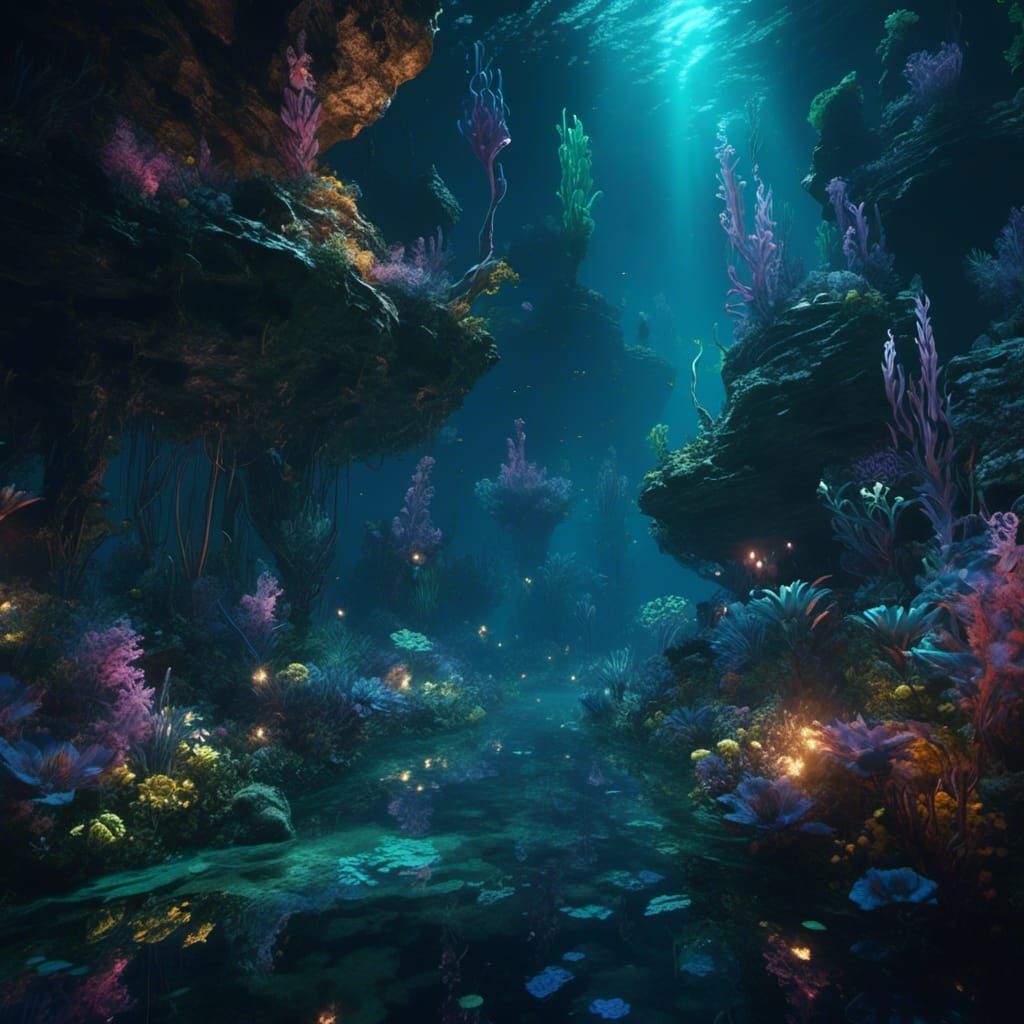 Bioluminescent Underwater Scene: Detailed Fantasy Concept Ar...