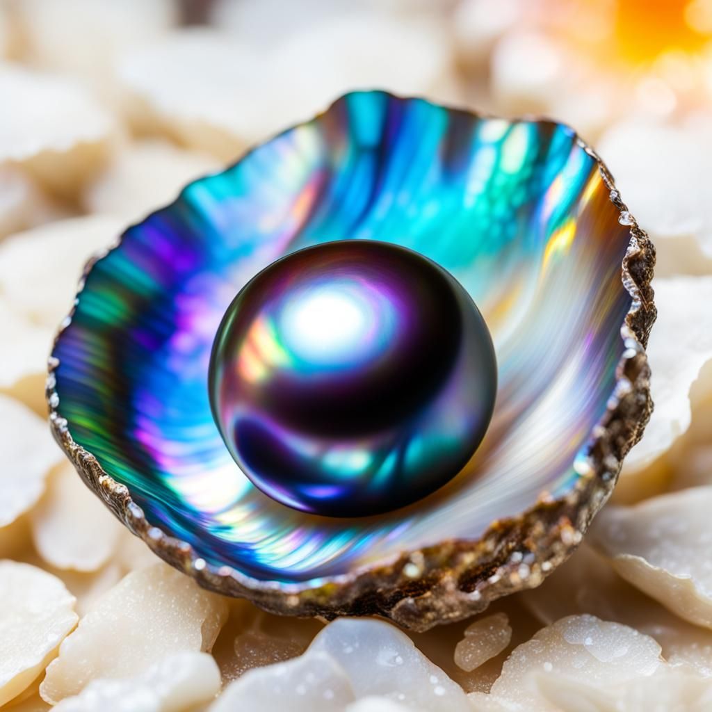 Lustrous Black Pearl in Iridescent Shell, Hyperrealistic