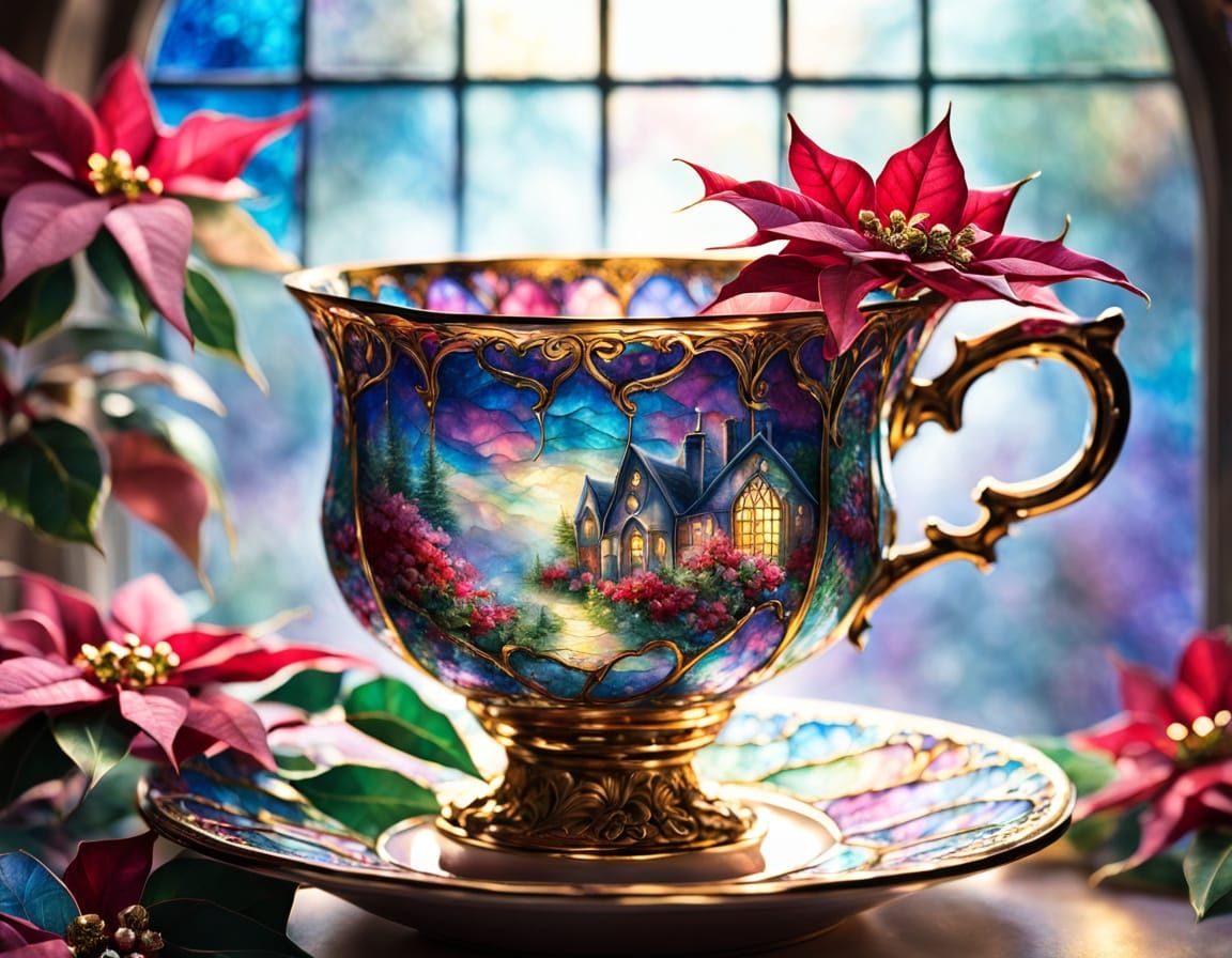 Stained Glass Teacup with Poinsettias in Ethereal Light