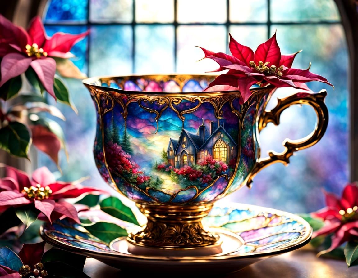 Stained Glass Teacup with Poinsettias in Ethereal Light