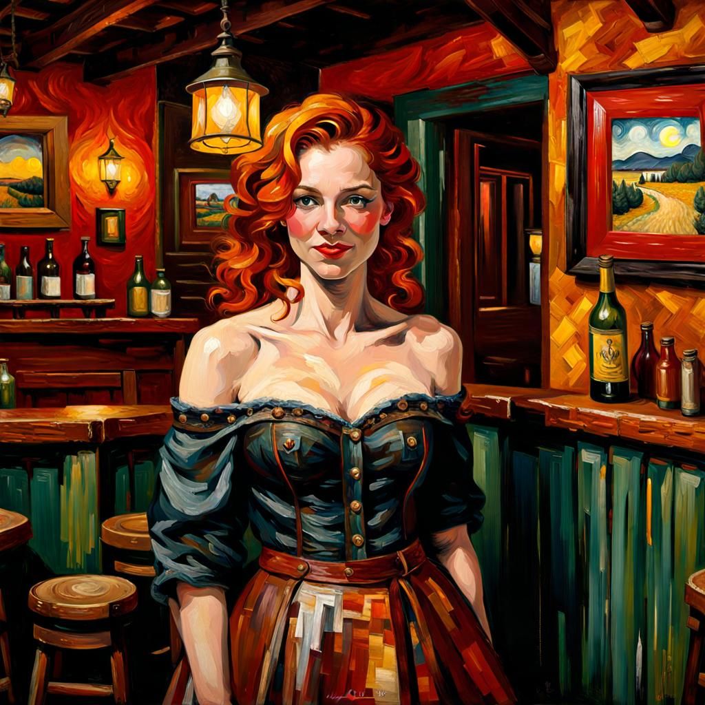 Radiant Redhead in Tavern, Impasto Oil Painting