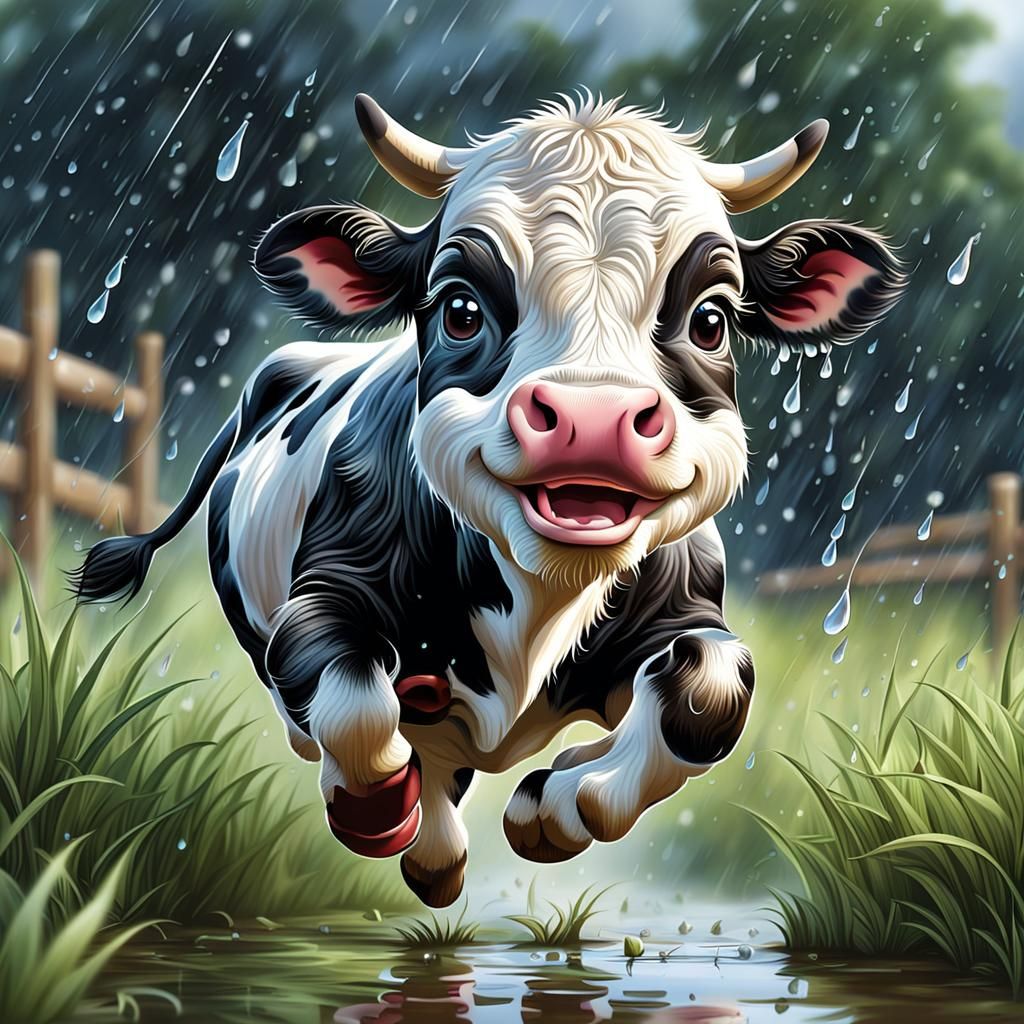 Happy Cow Under the Rain