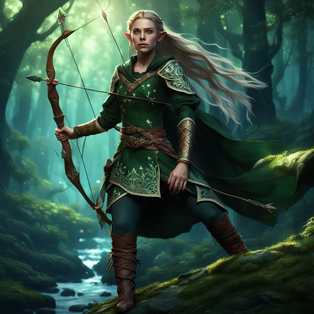 Forest Elf Archer in Starry Dark Forest: Fantasy Art