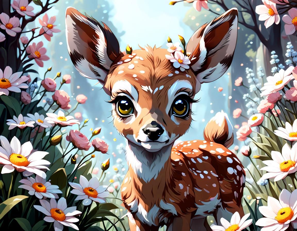 Adorable Baby Deer with Flowers Digital Rococo Art