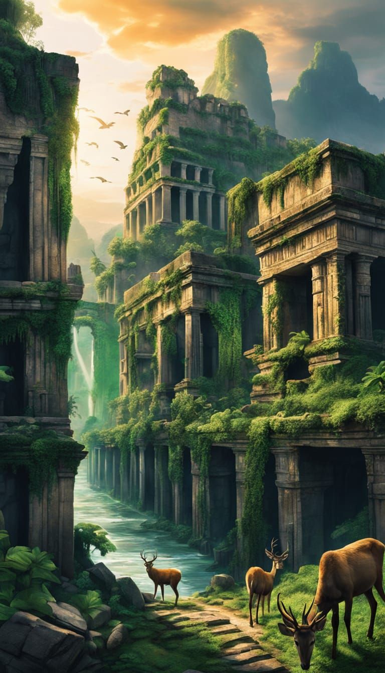 Lost City Reclaimed by Nature in Impressionistic Style