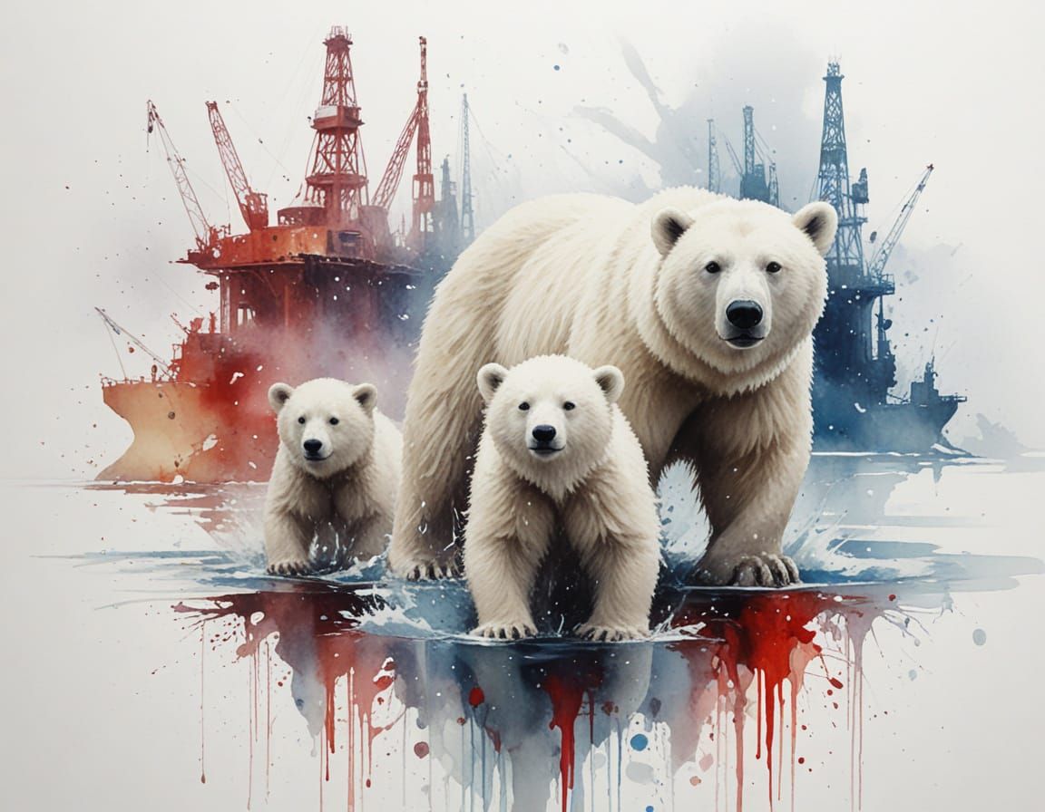 Polar Bears Arctic Twilight Oil Rigs Watercolour Art