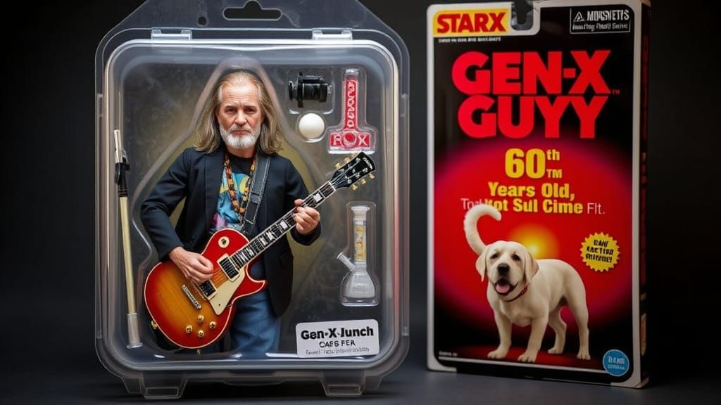 Retro Action Figure of a Fit Gen-X Guy with Dog and Guitar