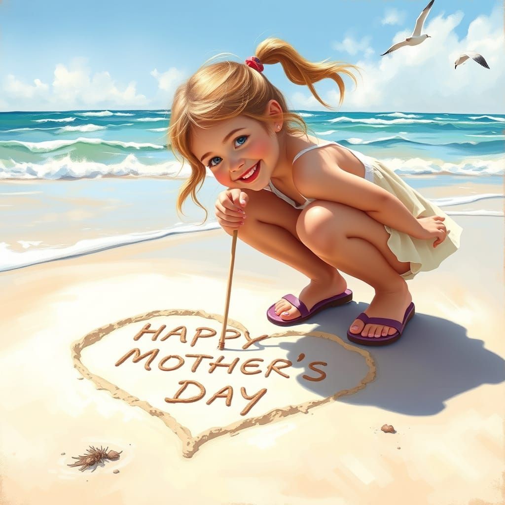 Joyful Mother's Day Beach Scene in Impressionist Style