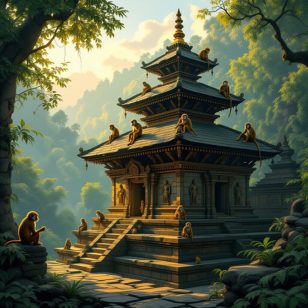 Majestic Nepali Temple in Jungle with Monkeys