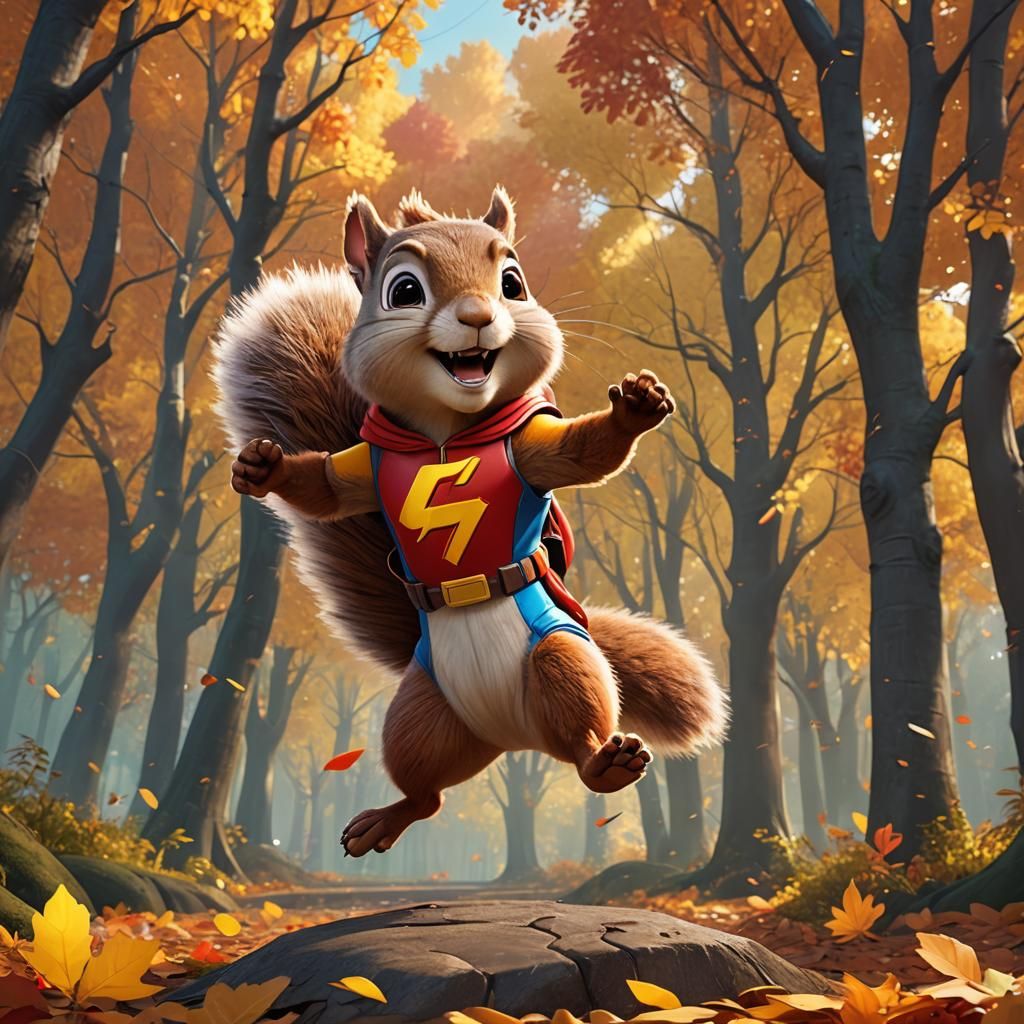 Superhero Squirrel Leaps Through Autumn Forest