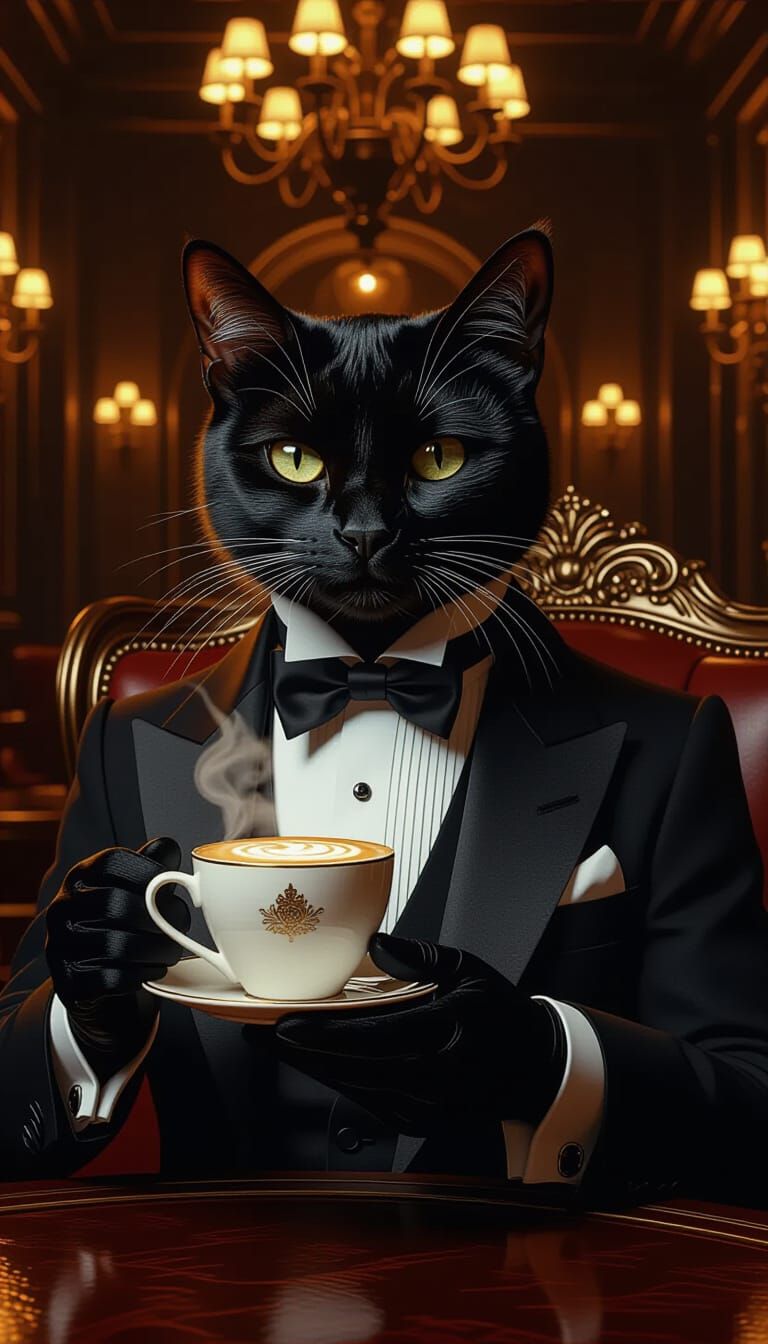 Anthropomorphic Black Cat in Tuxedo with Cappuccino