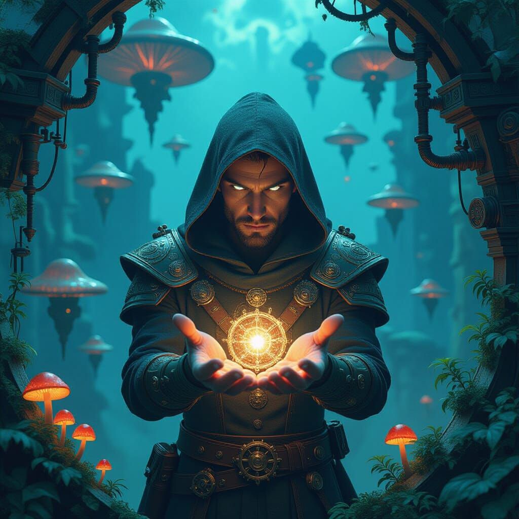 Steampunk Magic-User in Bioluminescent Sci-Fi Landscape