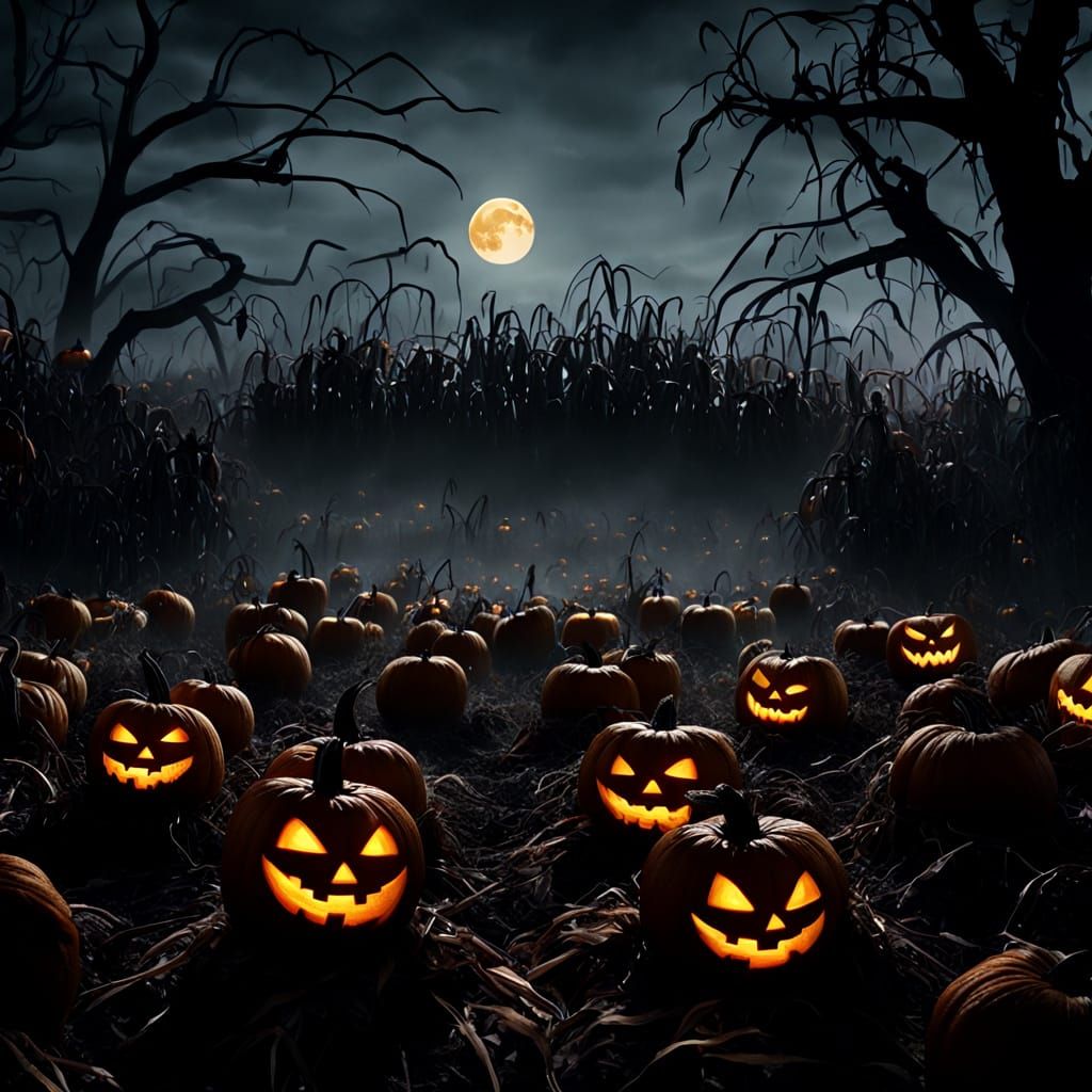 Spooky Pumpkin Patch Under Full Moon
