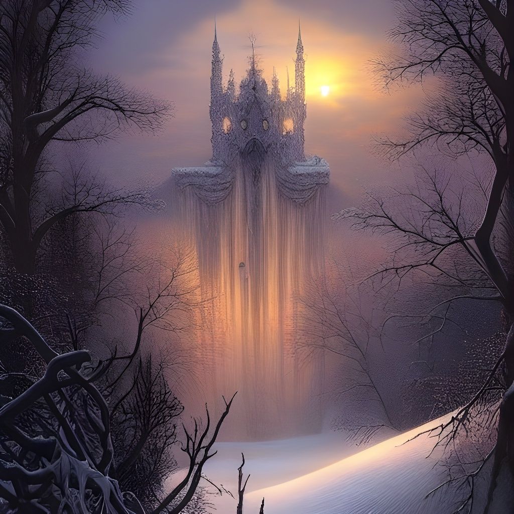 Gothic Winter Scene with Fractal Ice and Sunset