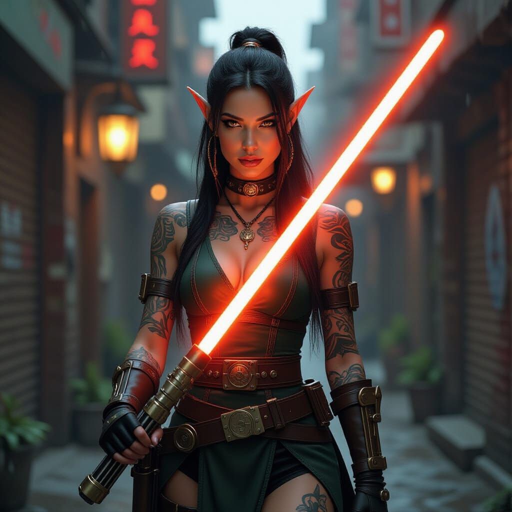 Sexy Female Elf Jedi with Orange Lightsaber