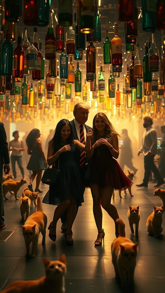 Girls in Cyberpunk Chic Dance with Cats in a Futuristic Sett...