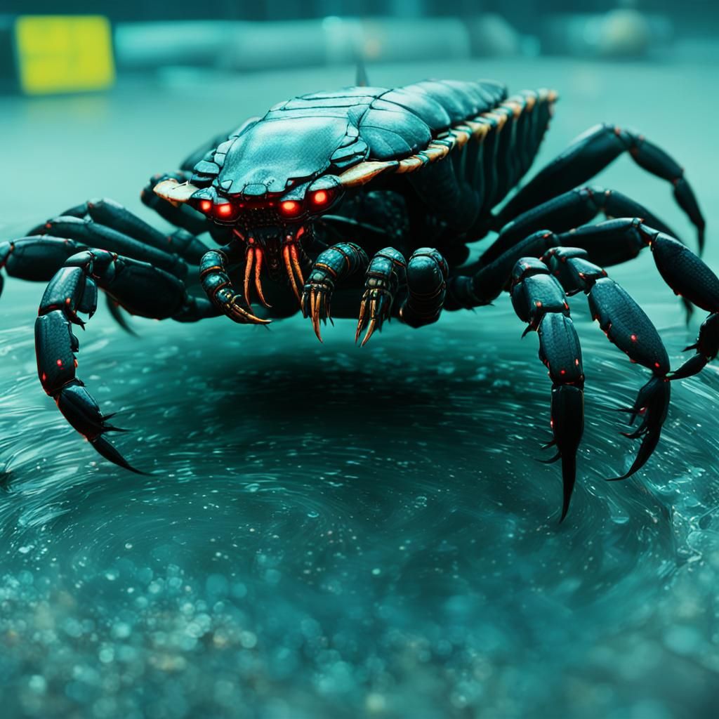 Cyberpunk Crab Scorpion Centipede Hybrid with Children