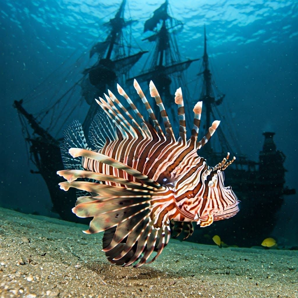 Majestic Striped Lionfish Beside a Sunken Pirate's Legacy