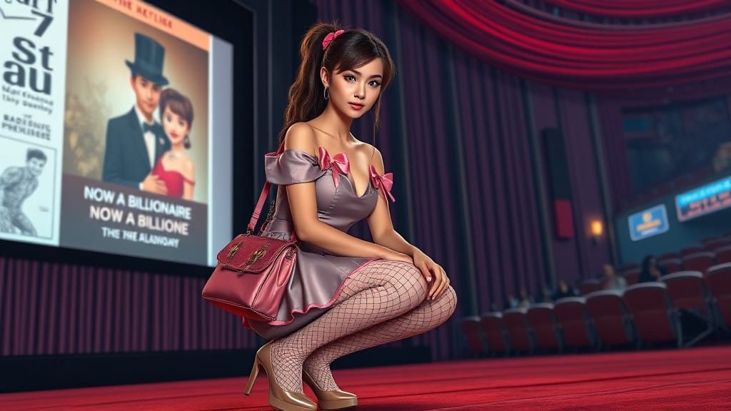 Elegant Woman in Front of Cinema Screen with Movie Star Post...