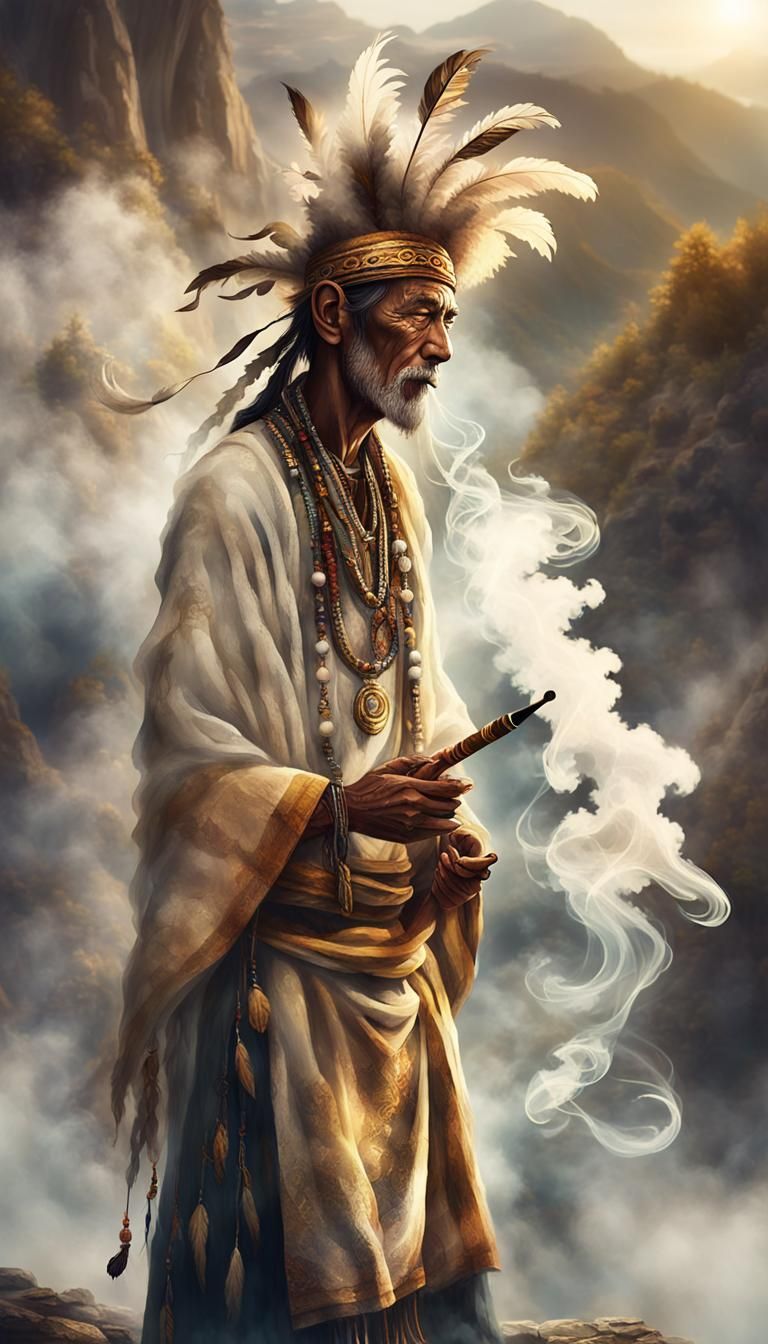 Ethereal Shaman Smoking Peace Pipe in Misty Landscape