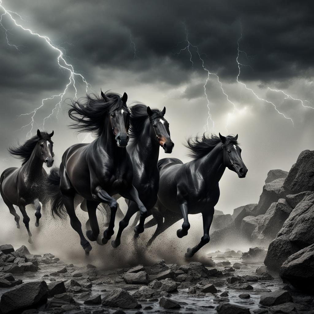 Black Horses Chase in Thunderstorm: Photographic Style