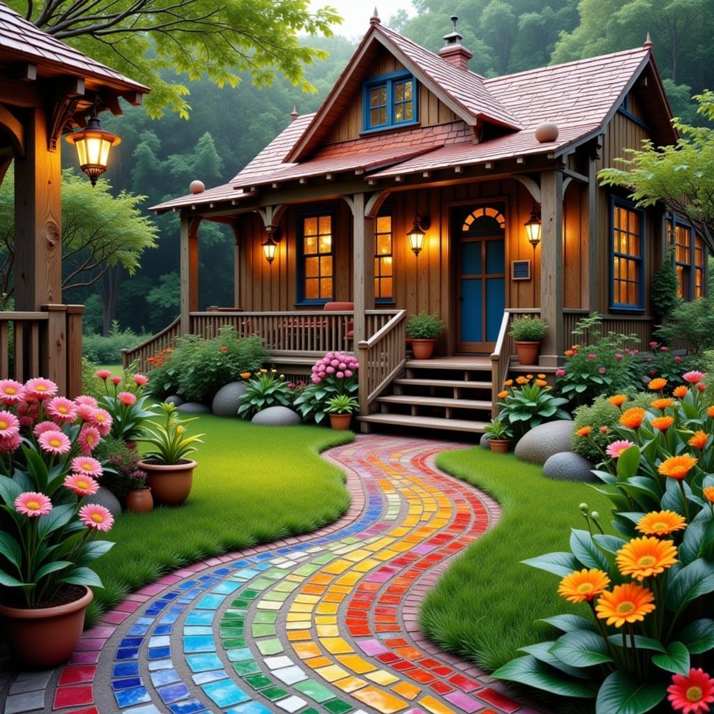 Whimsical Garden Path to Rustic House Illustration