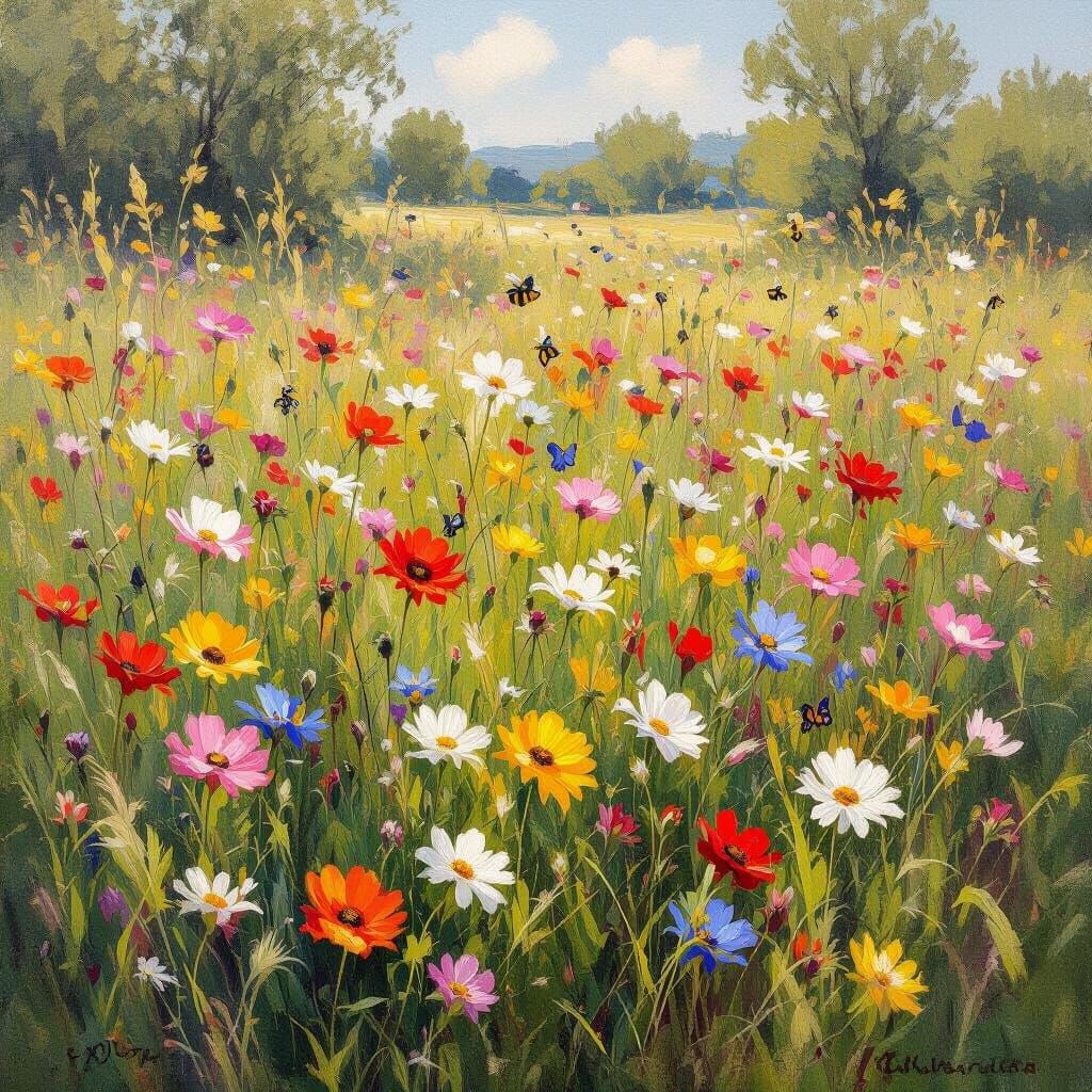 Vibrant April Meadow in Impressionistic Oil Painting Style