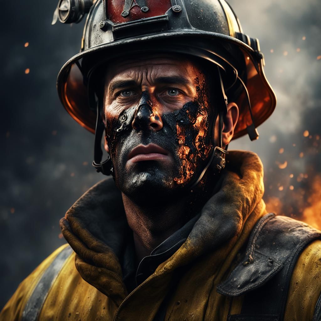 Sad Firefighter Gaze in Soot-Covered Face: 8k Digital Art