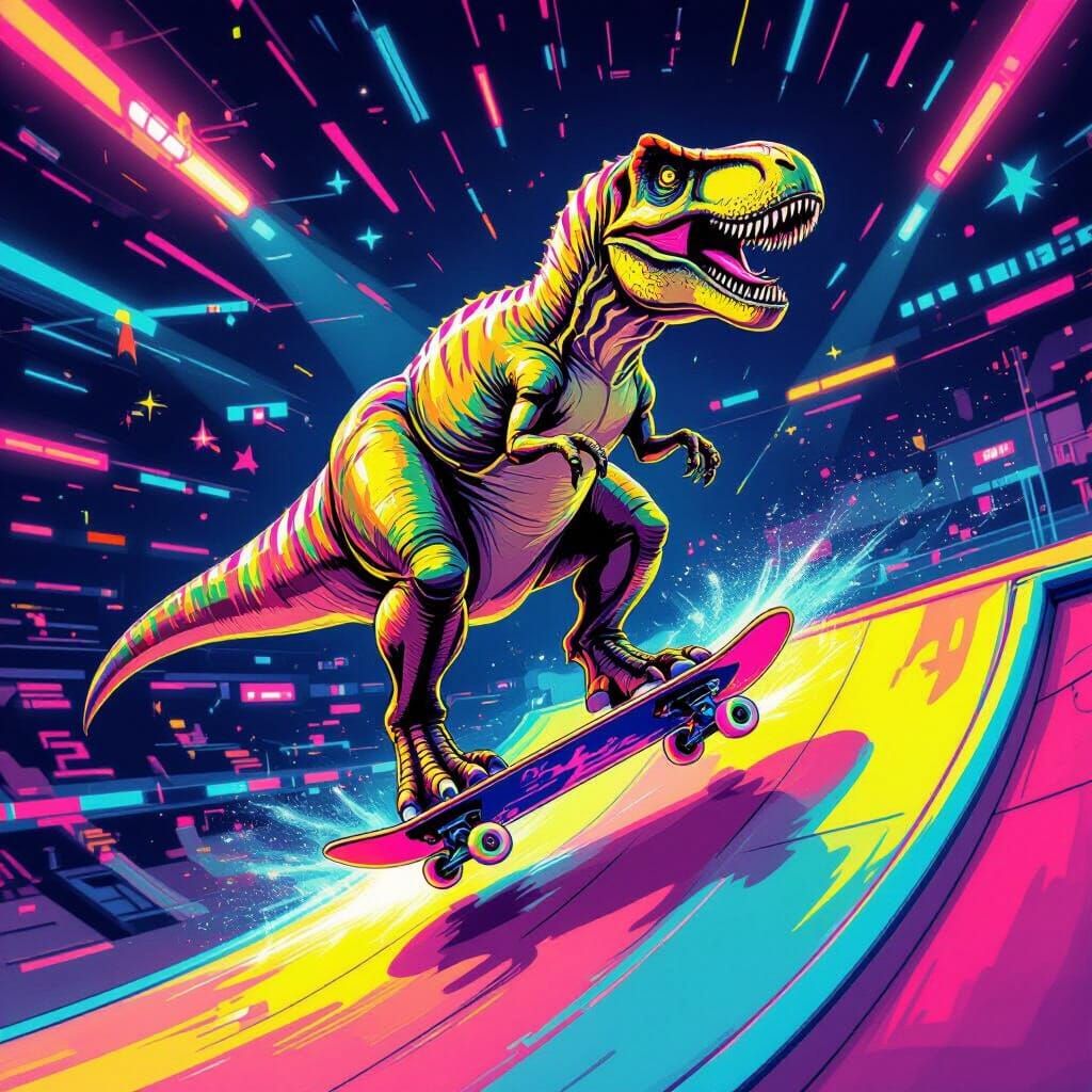 T-Rex Skates Half-Pipe in 80s Neon Style