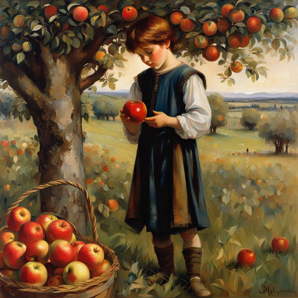 Medieval Boy Harvesting Apples in Mosaic Style