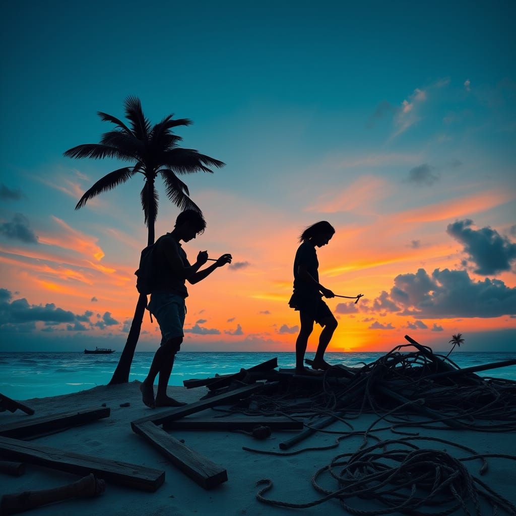 Silhouetted Strangers Build Shelter on Deserted Island Amid ...