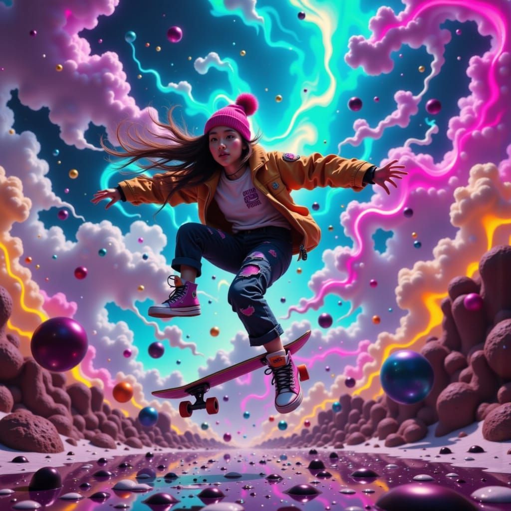 Skater in Neon Retroscape: Cinematic HDR Image