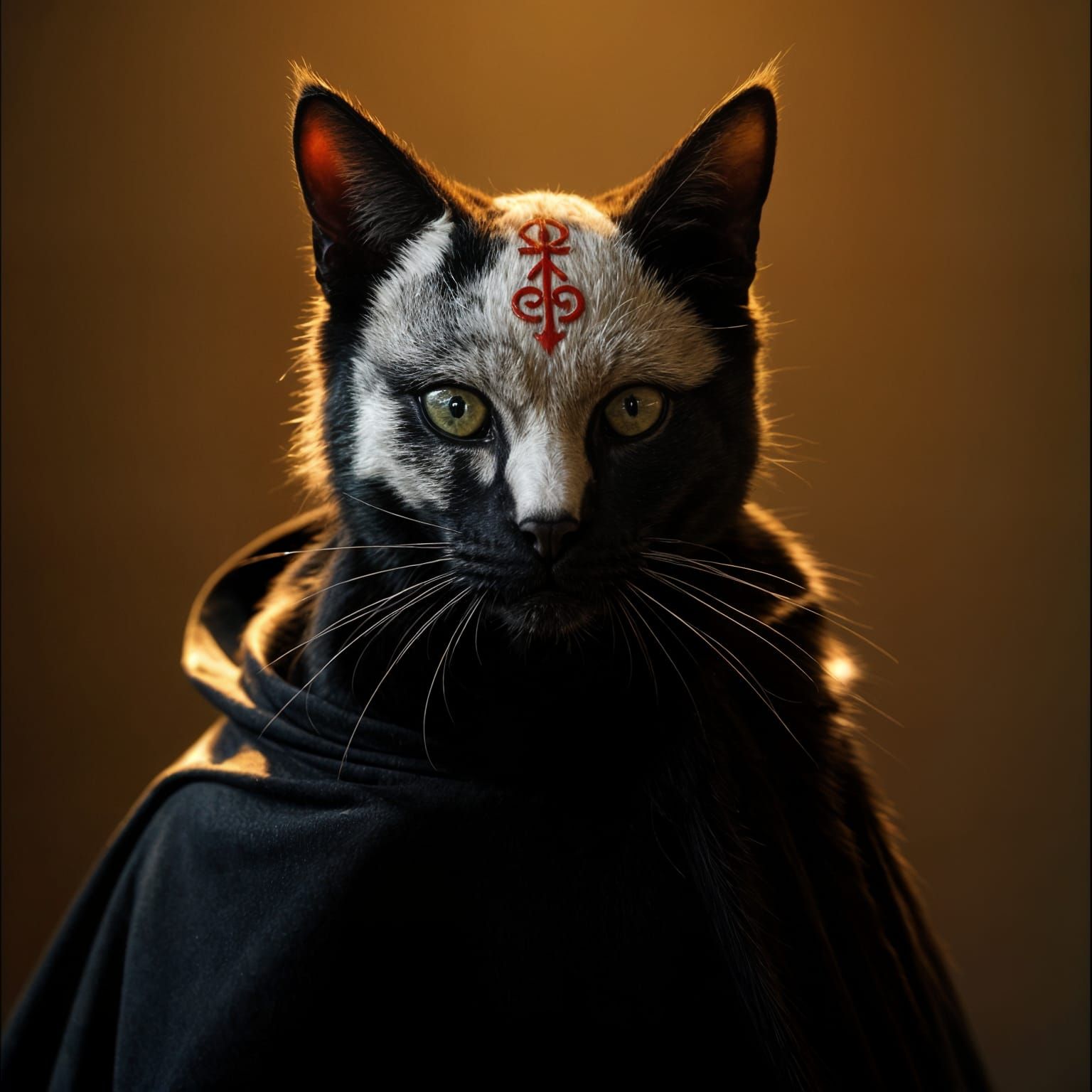 Majestic Black Cat in Tattered Masquerade Mask, Radiating Ot...