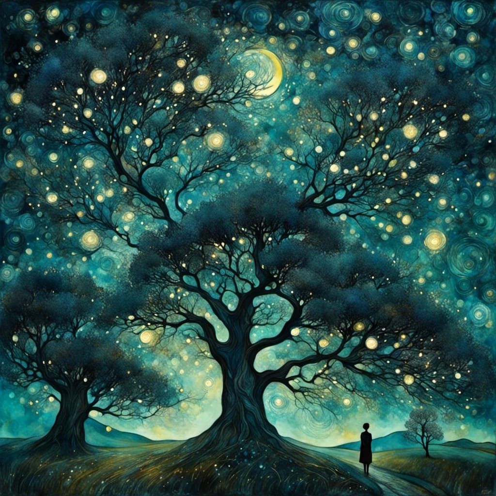 Bright Starry Night Stroll in Liquid Ink Style