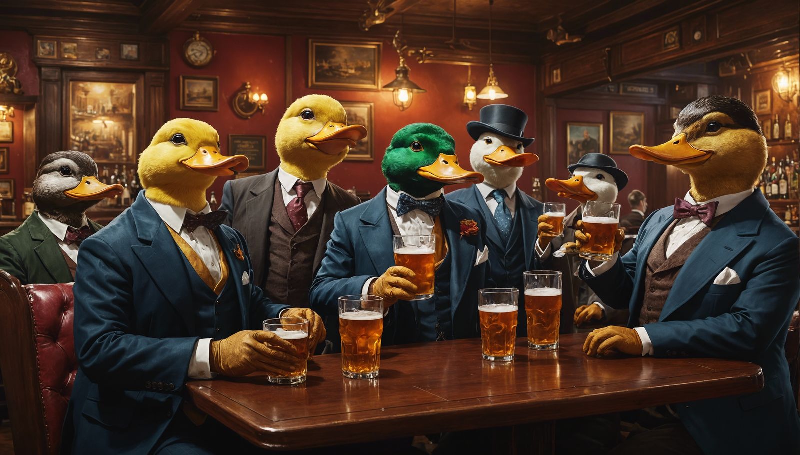 Ducks in Suits Drinking: Hyperrealistic Splash Art
