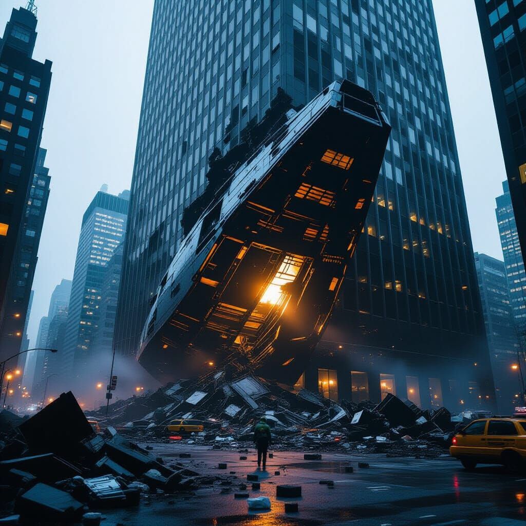 Alien Spaceship Wreckage in Skyscraper: Cinematic Still