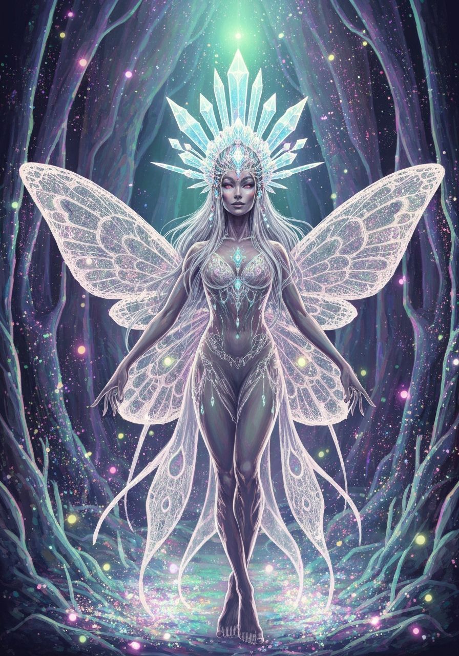 Divine Fairy with Iridescent Wings in Psychedelic Grotto