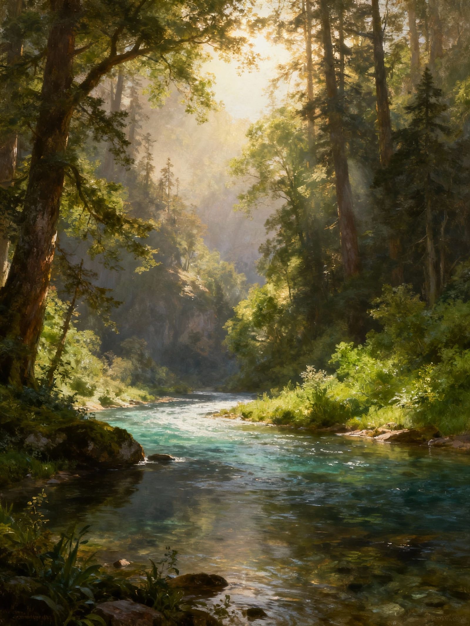 Peaceful Forest River with Sun-Dappled Sunlight