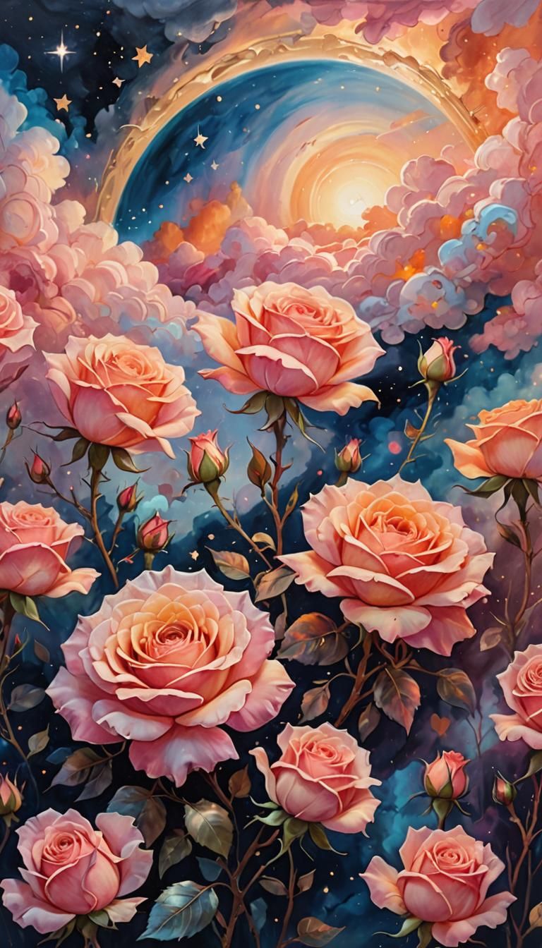 Cosmic Sunset Framed by Roses: Dreamlike Oil Painting