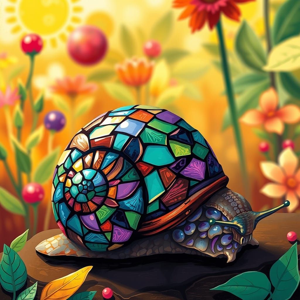 Mosaic Snail in Whimsical Garden Scene